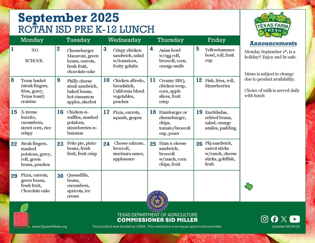 September 2025 Menus