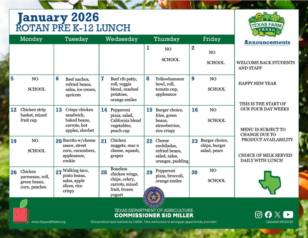 January Lunch Menu