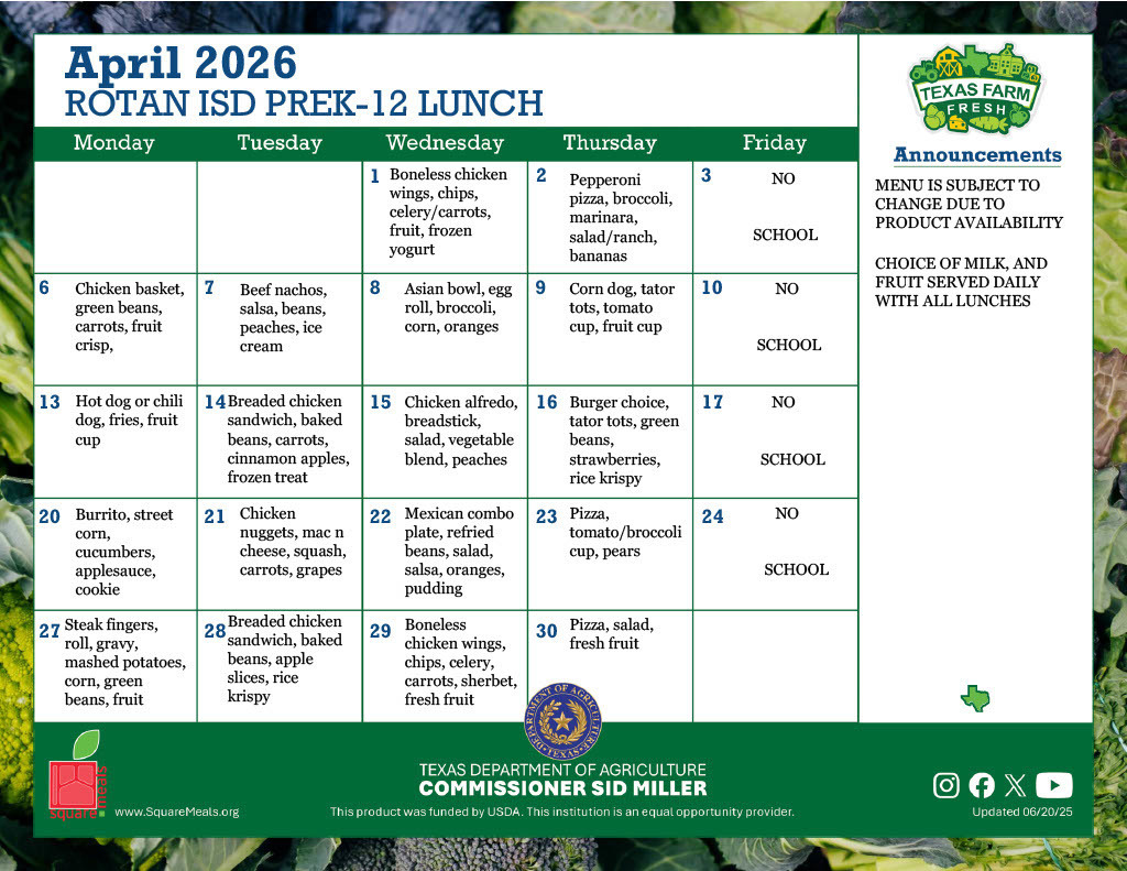 April '26 Lunch Menu