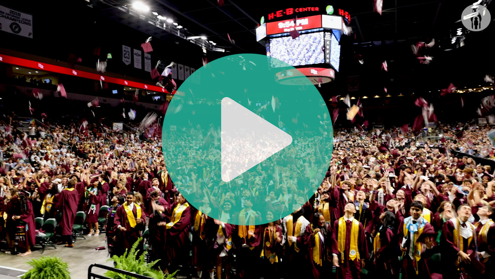 Picture of Round Rock High School throwing their grad caps in the air.