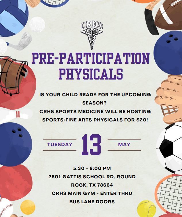 Pre-participation Sports Physicals @ Cedar Ridge High School on Tuesday, May 13.  5:30-8:00