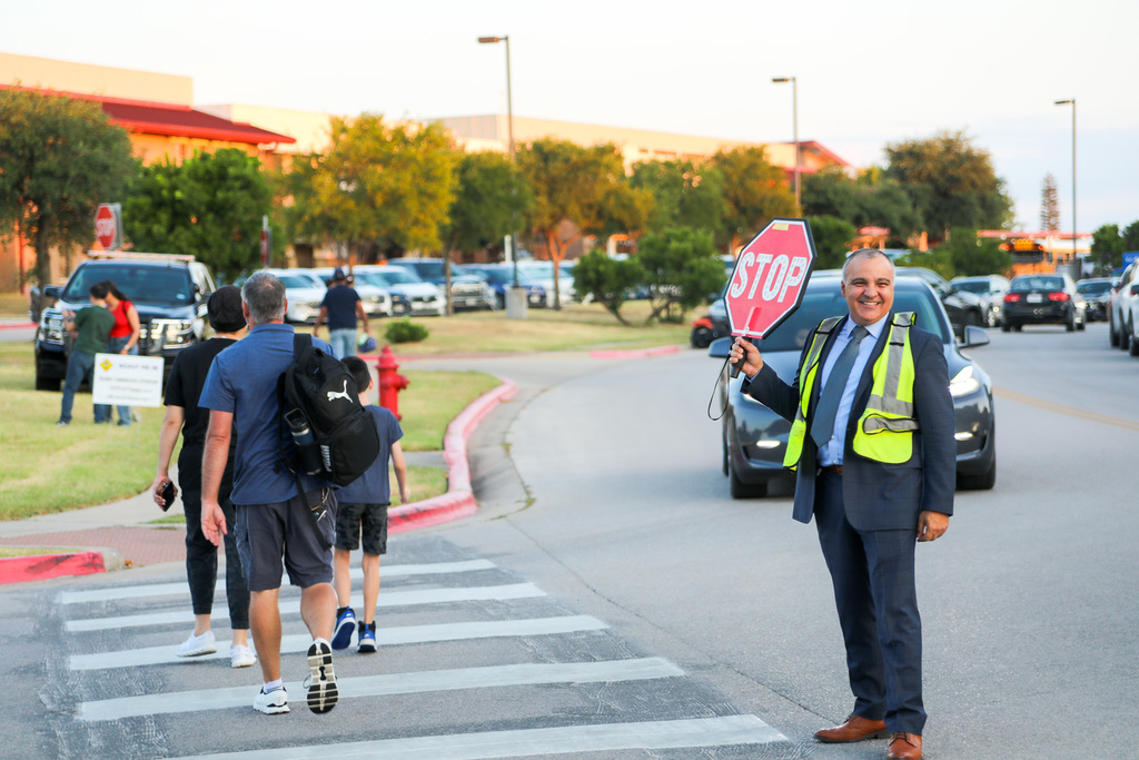 Round Rock ISD 2025 First Day of School. Image with students, staff, and families on the first day.
