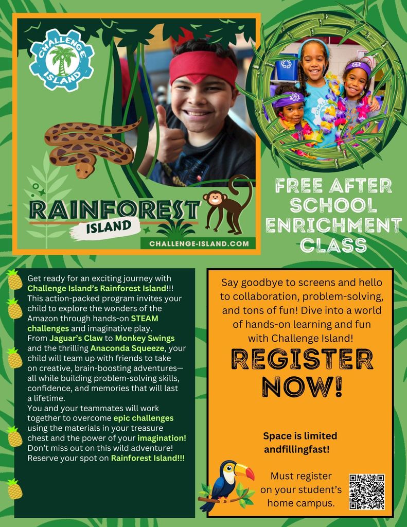 Free after school enrichment class flyer for Challenge Island.