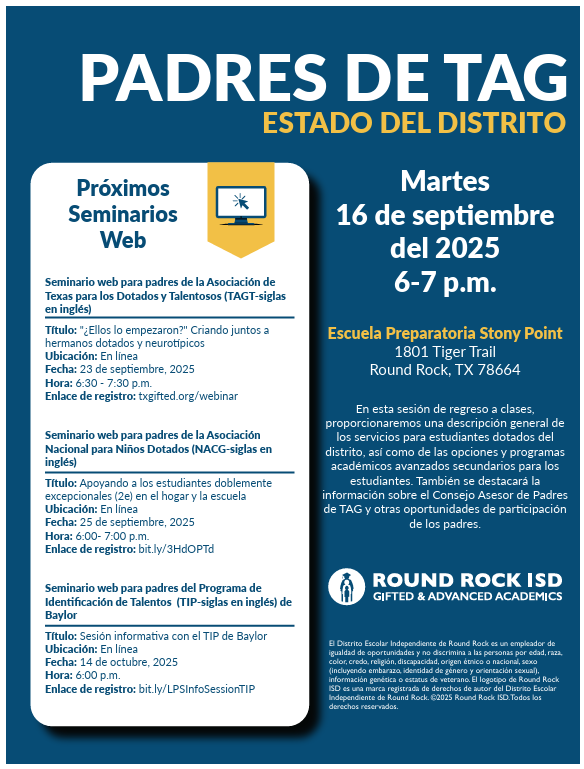 TAG Parent State of the District upcoming webinars