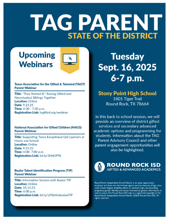 TAG Parent State of the District Upcoming Webinars