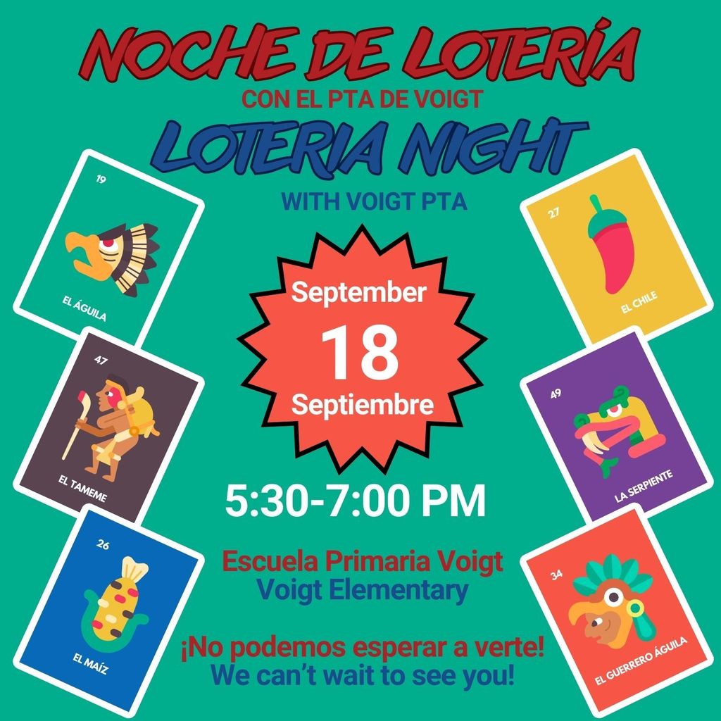 ¡Únete con el PTA de Voigt para una noche divertida de Lotería! ¡Estamos emocionados de verlos a todos! Join Voigt PTA for a fun night of Loteria! We can't wait to see you all!