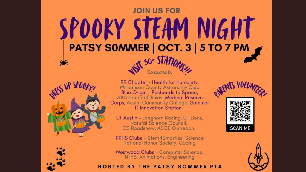 Spookiy Steam Night Flyer October 3rd from 5to7 hosted by the PTA - Over 30 stations