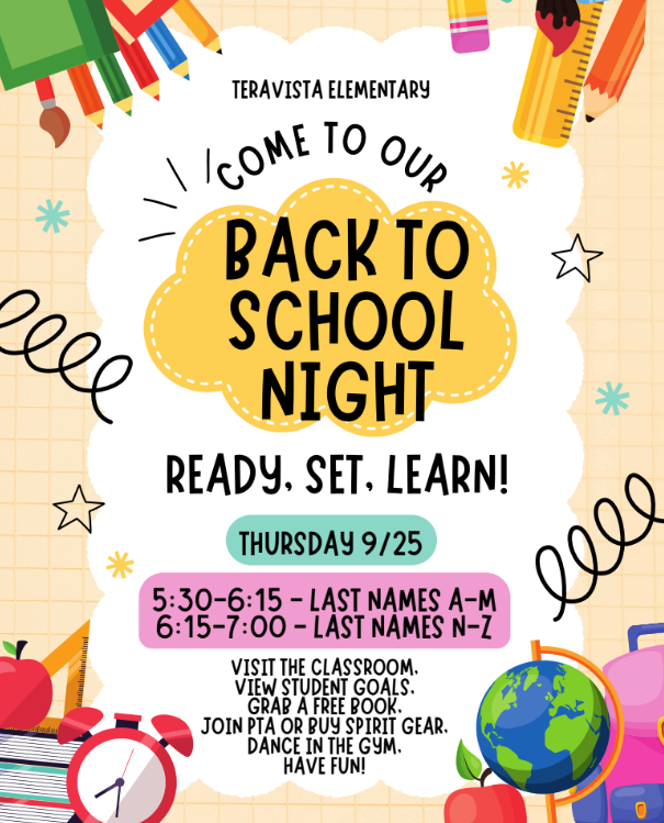 Back to School Night, Sept. 25th, 5:30-7:00