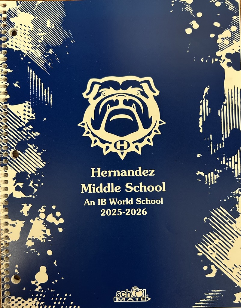 Blue and white cover of the 2025-2026 student planner. White bulldog mascot at the top with Hernandez Middle School An IB World School below it.