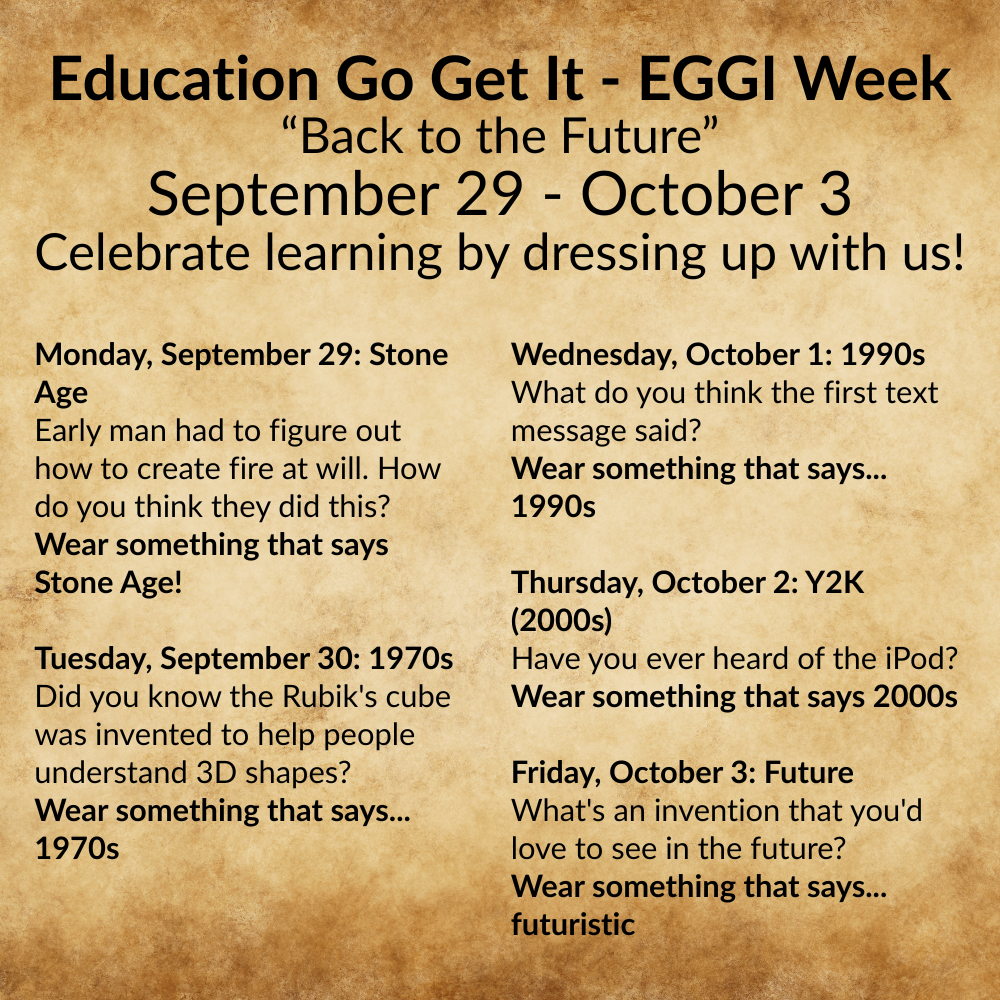 An informational flyer for Blackland Prairie Elementary's "Education Go Get It - EGGI Week" with a "Back to the Future" theme, running from September 29 to October 3. The background has a vintage paper scroll design. The flyer details five themed dress-up days: Monday, September 29: Stone Age. Tuesday, September 30: 1970s. Wednesday, October 1: 1990s. Thursday, October 2: Y2K (2000s). Friday, October 3: Future. Each day includes a small photo and a question related to the era.