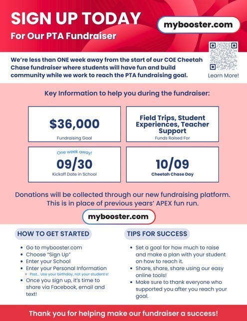 Flyers on how to sign up for the COE Booster Fundraiser