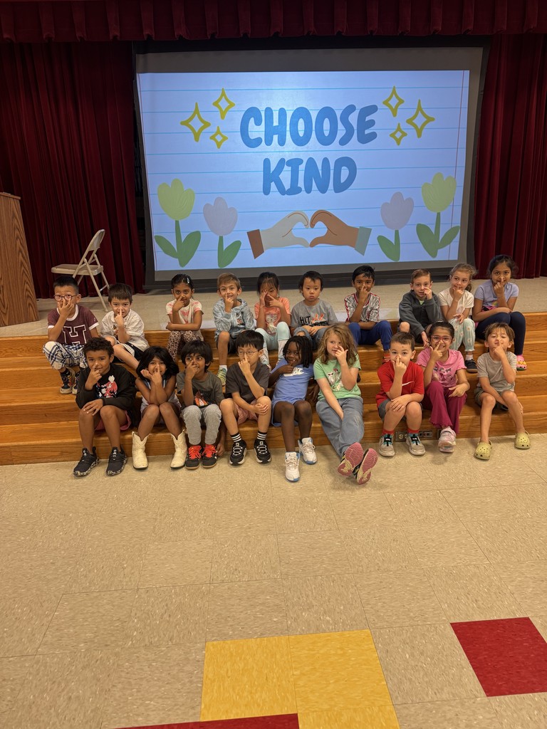 Class of students with their hands on their forehead and the words choose kind behind them. 