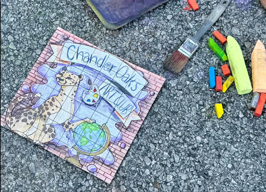 Picture of plan for chalk art- Cheetah, globe, paint and paintbrush