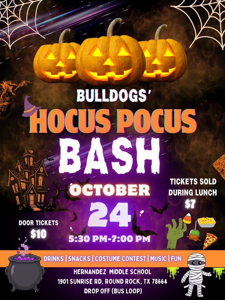 Dear Bulldog families, We’re excited to announce that our Halloween Dance will be held on Thursday, October 24th from 5:30 PM – 7:00 PM! Get ready for a fun and spooky evening filled with music, dancing, and Halloween spirit. Tickets: $7 during lunch sales starting Tuesday, October 21st $10 at the door 🍿 Extras: Snacks and refreshments will be available for purchase A costume contest will be held, with fun prizes awarded to the best costumes! We can’t wait to see everyone dressed in their best (and spookiest) Halloween attire for a night of fun and celebration!