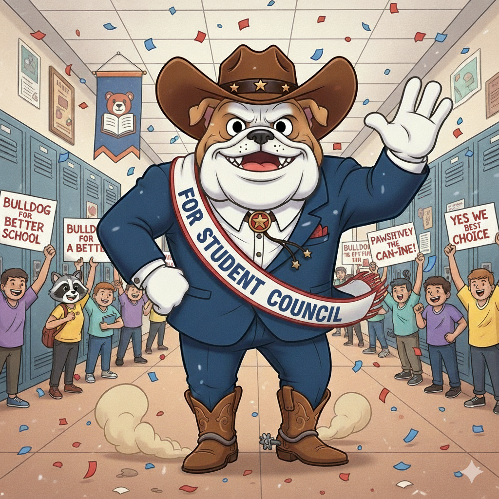 Cartoon bulldog in a suit with a cowboy hat and boots and a sash saying 'For Student Council' waving in a school hallway with students.