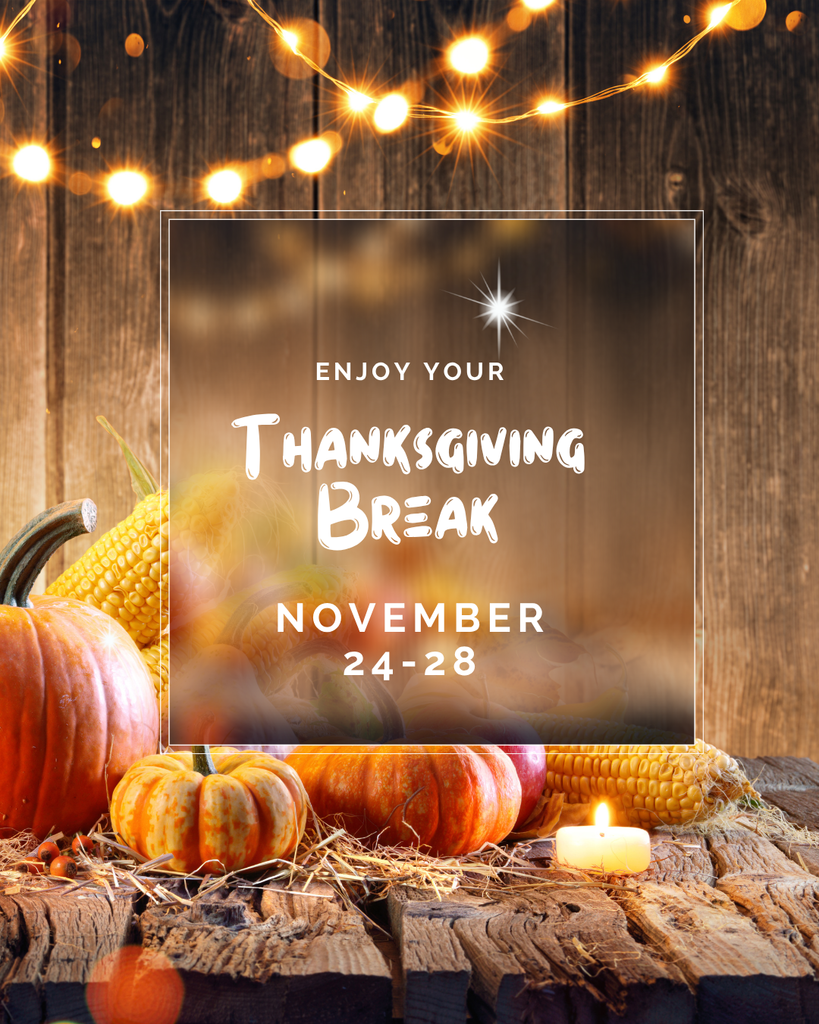Here's the alt text for the Thanksgiving image: Alt Text: A warm, rustic image featuring a wooden background and string lights across the top. In the foreground, a wooden table is adorned with autumn harvest items including various sizes of orange pumpkins, ears of corn, and scattered hay. A lit white candle sits among the decor. A translucent white overlay box in the center contains the white text: "Enjoy Your Thanksgiving Break" with "November 24-28" below it. A small star icon is above "Thanksgiving Break."