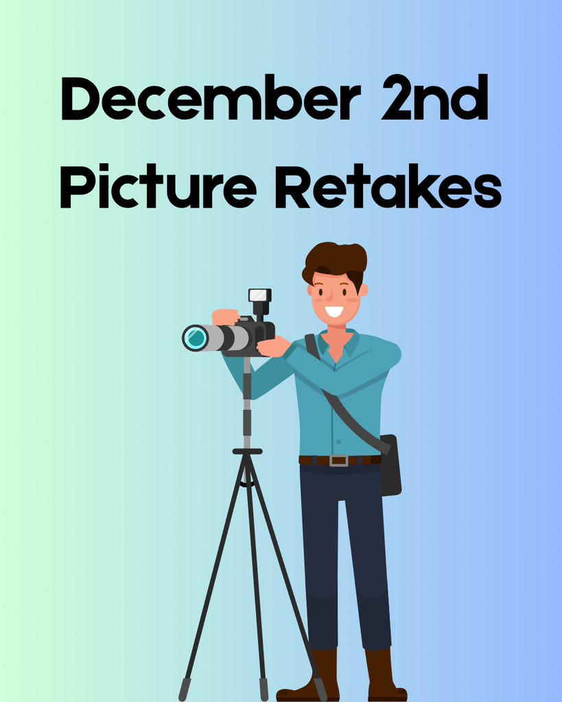 A friendly, smiling photographer wearing a light blue shirt stands behind a camera mounted on a tripod. The text "December 2nd Picture Retakes" is written in bold black font at the top of the image against a light blue and green gradient background.