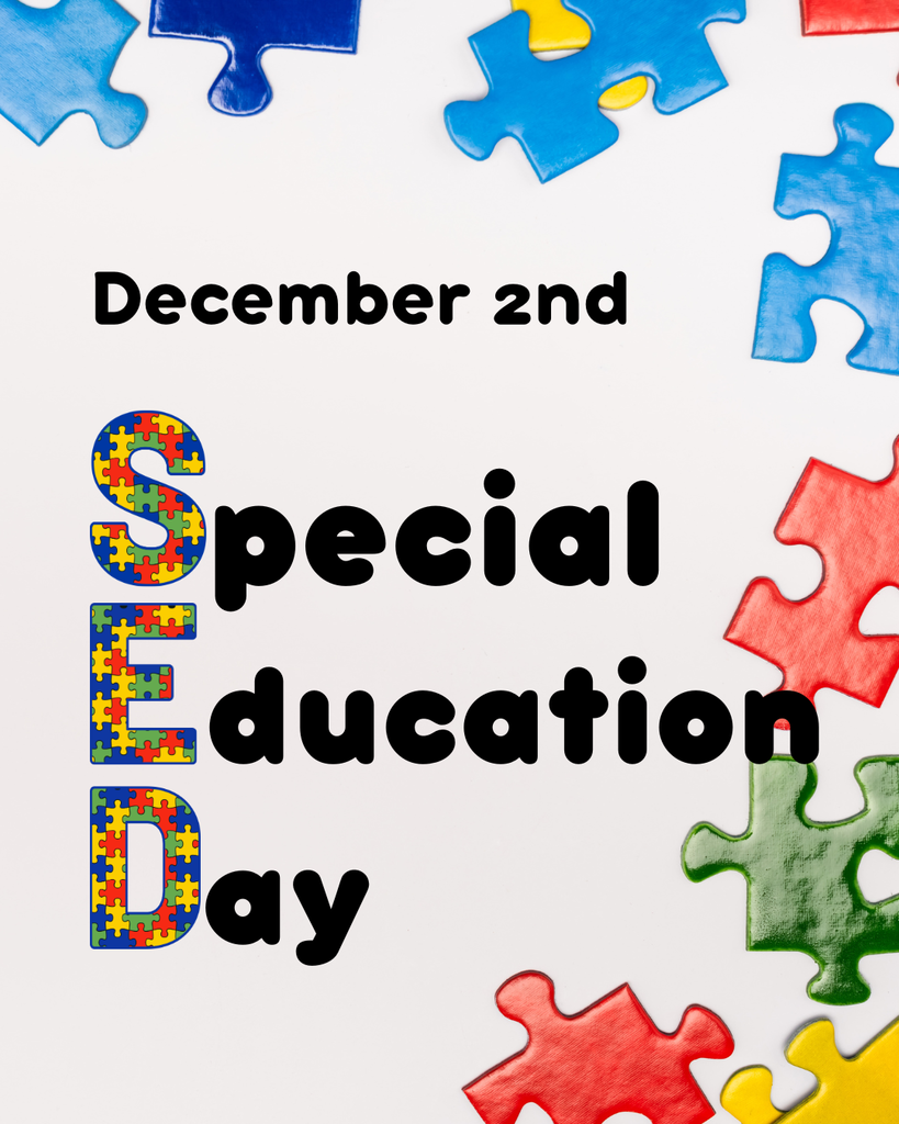 A celebratory image for Special Education Day with "December 2nd Special Education Day" in black text. The letters "S E D" are vertically stacked and filled with a colorful puzzle piece pattern. Red, blue, yellow, and green puzzle pieces are scattered around the white background.