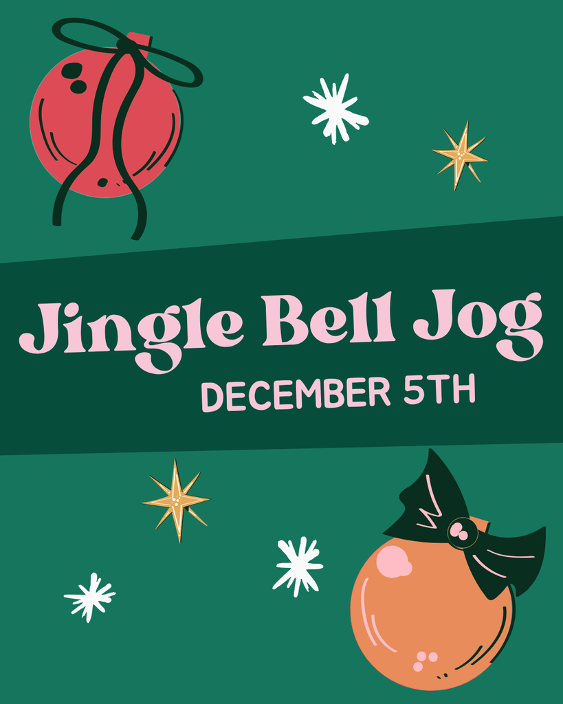 A festive poster for "Jingle Bell Jog" on "December 5th." The background is a dark teal with various white snowflakes and gold starbursts. In the top left, there's a red Christmas ornament with a red bow and ribbon. In the bottom right, there's an orange Christmas ornament with a black bow and white ribbon.