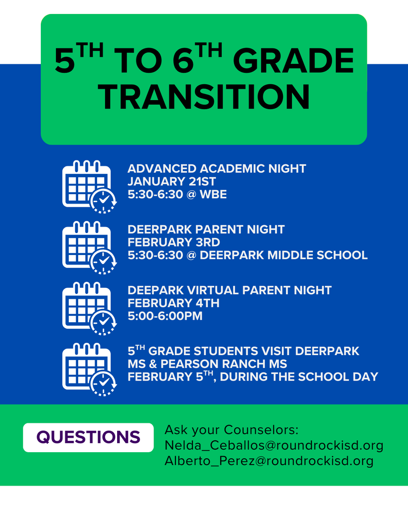 5th to 6th grade Transition Important Dates