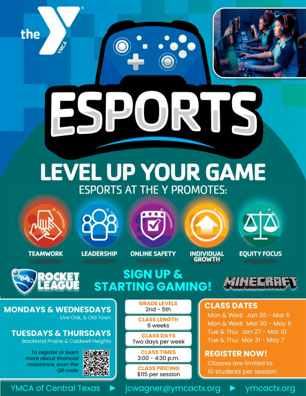 flyer with eSports info - Dates:  1/26-3/9 Mondays and Wednesdays from 3-4:30.  Ages: 2nd-5th grade Cost: $115 for 6-week session
