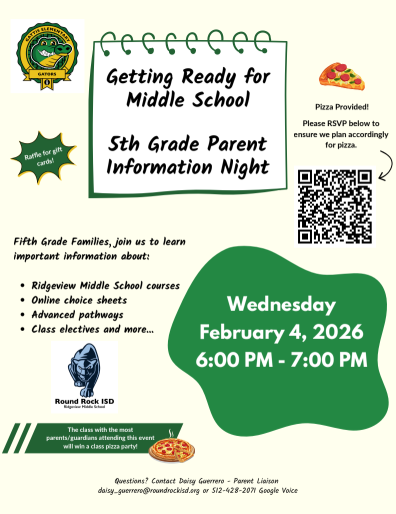 Getting Ready for Middle School. 5th Grade Parent Information Night. Wednesday February 4, 2026 6-7 pm.
