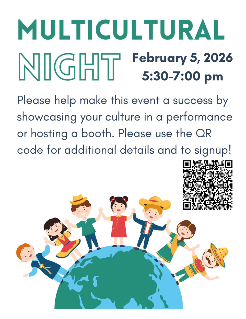 A flyer for the Fern Bluff Elementary Multicultural Night. The text reads "MULTICULTURAL NIGHT" followed by the date "February 5, 2026" and time "5:30-7:00 pm". Below the heading, it says: "Please help make this event a success by showcasing your culture in a performance or hosting a booth. Please use the QR code for additional details and to signup!". A black square QR code is on the right side. At the bottom, there is an illustration of seven diverse children in traditional cultural clothing holding hands and standing on top of a blue and green globe.