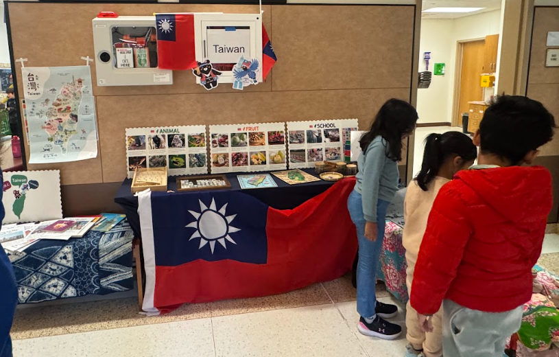 Table with Taiwan flag and items from Taiwan