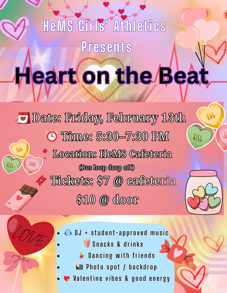 💘 Valentine’s Day Dance – We Need Your Help! 💘 The Girls’ Athletics Department is excited to host a Valentine’s Day Dance for our students on  📅 Friday, February 13  ⏰ 5:30–7:30 PM  📍 Hernandez Middle School We are looking forward to a fun and memorable evening for our students, and we would love your help in making this event a success! To support the dance, we are creating a SignUpGenius with a list of requested donation items. Items can be dropped off anytime between 7:45 AM- 4:15 PM any day before the dance in the front office.  