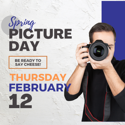 A promotional graphic for "Spring Picture Day" at Fern Bluff, scheduled for Thursday, February 12. The image features a photographer holding a professional camera up to their eye against a white textured background. The text "Spring Picture Day" is prominently displayed in gray and blue script, followed by "Be ready to say cheese!" in a small orange box. The date "Thursday February 12" is written in bold orange, blue, and gray text.