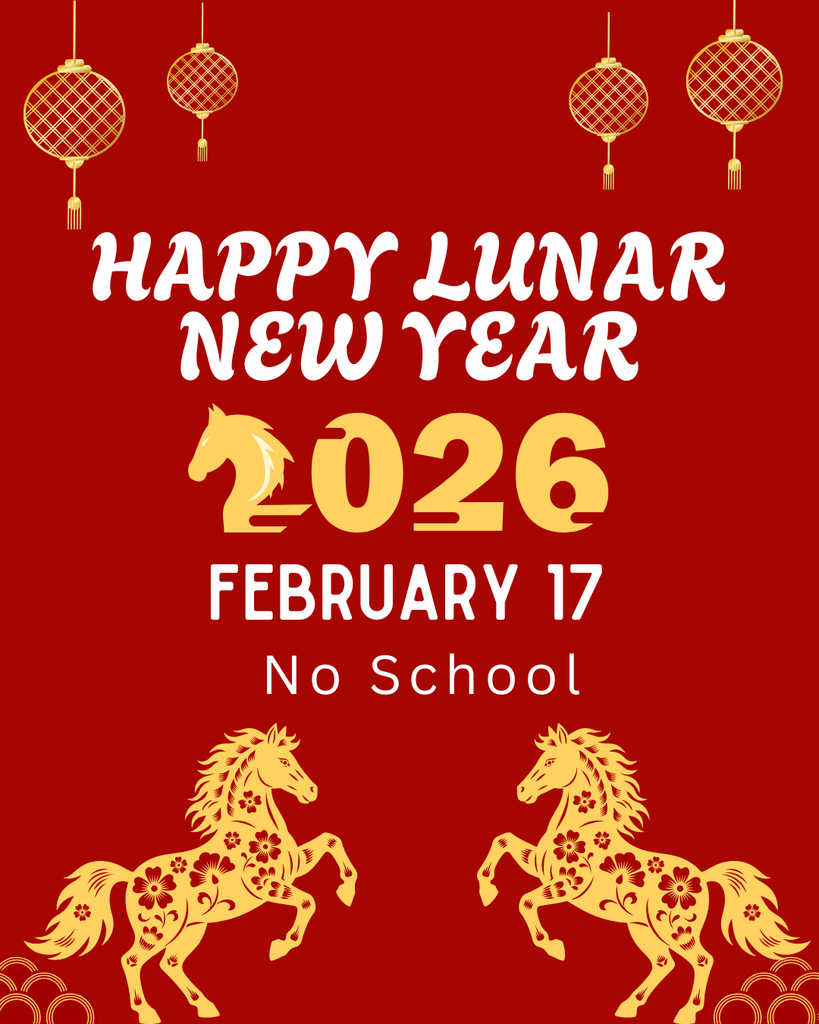 A red and gold graphic celebrating the 2026 Lunar New Year. The top of the image features four hanging gold lanterns. Centered text in white and gold reads "Happy Lunar New Year 2026, February 17, No School". The year "2026" features a horse silhouette integrated into the number "2". At the bottom, two ornate gold horses decorated with floral patterns face each other.