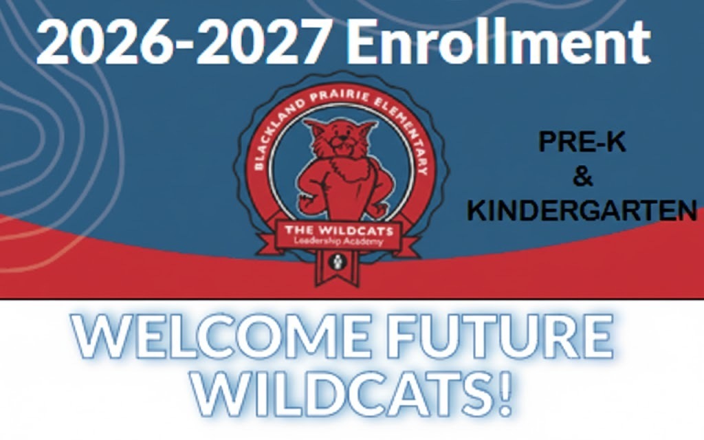 An enrollment graphic for Blackland Prairie Elementary featuring a dark blue and red color scheme with white topographic line patterns in the corner. At the center is the school's circular logo, which depicts a red cartoon wildcat mascot with the text "Blackland Prairie Elementary" and "The Wildcats Leadership Academy." The surrounding text reads: Top: "2026-2027 Enrollment" in bold white letters. Right: "PRE-K & KINDERGARTEN" in black capital letters. Bottom: "WELCOME FUTURE WILDCATS!" in large, white outlined letters against a white background.