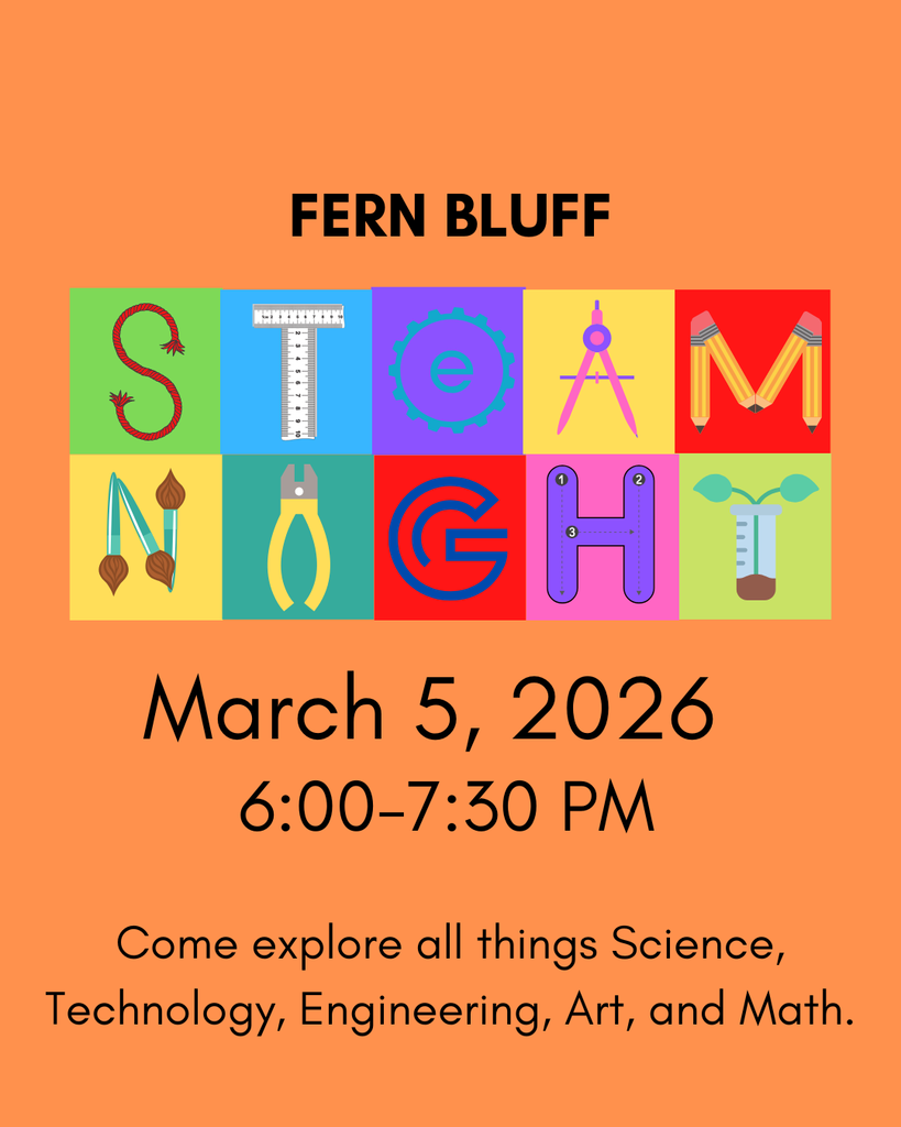 An orange infographic promoting STEAM Night at Fern Bluff.  The main text details:  Event Name: STEAM Night.  Date: March 5, 2026.  Time: 6:00–7:30 PM.  Tagline: "Come explore all things Science, Technology, Engineering, Art, and Math."  In the center, the words "STEAM NIGHT" are spelled out using colorful, creative blocks where each letter is formed by a related object:  S: A red coiled rope.  T: A white ruler.  E: A blue gear.  A: A pink drafting compass.  M: Two pencils leaning against each other.  N: Two paintbrushes.  I: A pair of yellow pliers.  G: A red circular magnet.  H: A blue diagram with arrows.  T: A green test tube with a growing plant.
