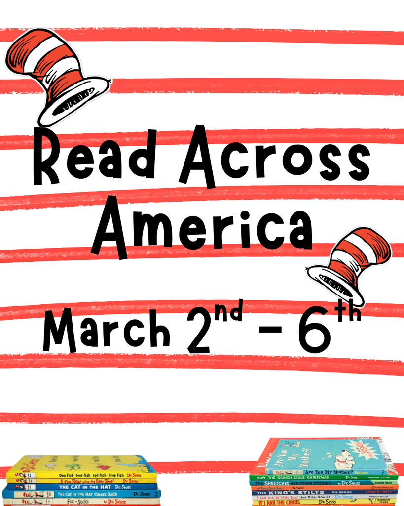 An infographic promoting Read Across America week at Fern Bluff.  The image features a background of horizontal red and white stripes with the following details:  Event Name: Read Across America.  Dates: March 2nd – 6th.  Illustrations:  Two "Cat in the Hat" style red and white striped hats floating in the center.  Two stacks of children's books at the bottom, including titles like "The Cat in the Hat," "One Fish Two Fish Red Fish Blue Fish," and "Are You My Mother?".