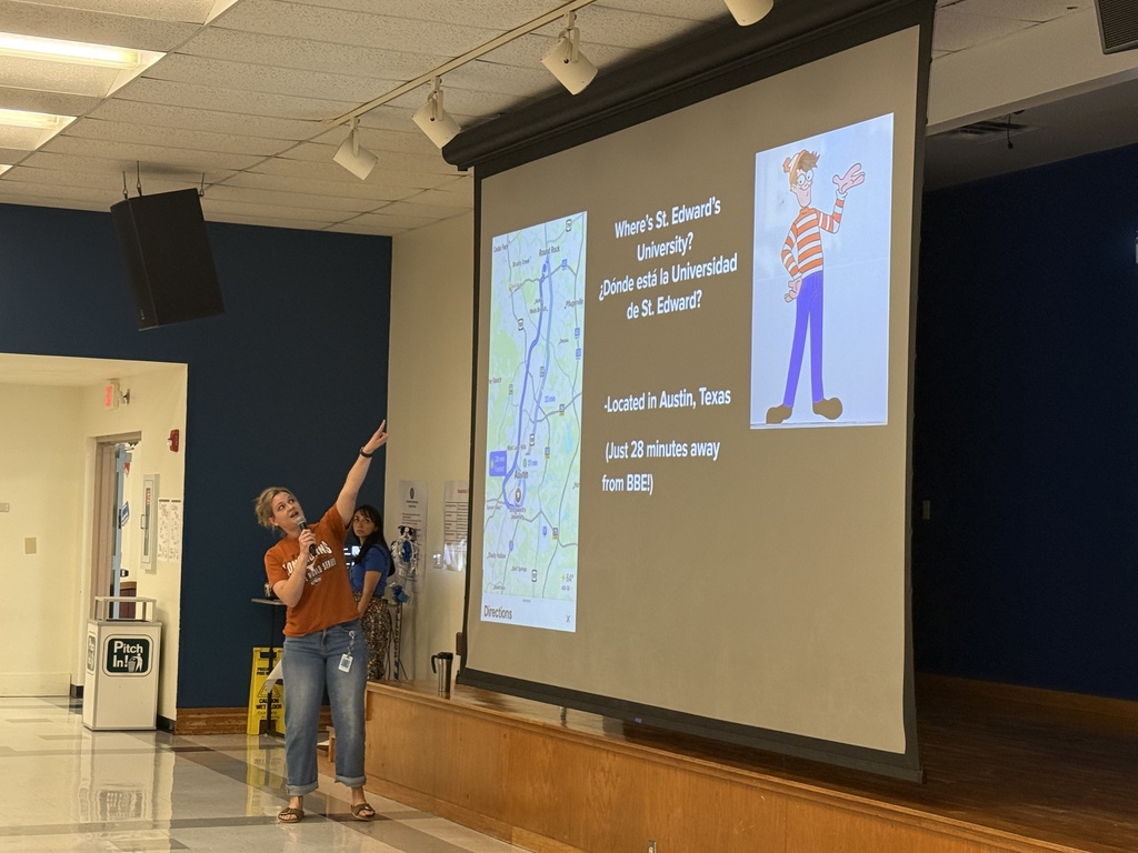 Mrs. Lueders presenting at Pep Rally re: ST Edwards University