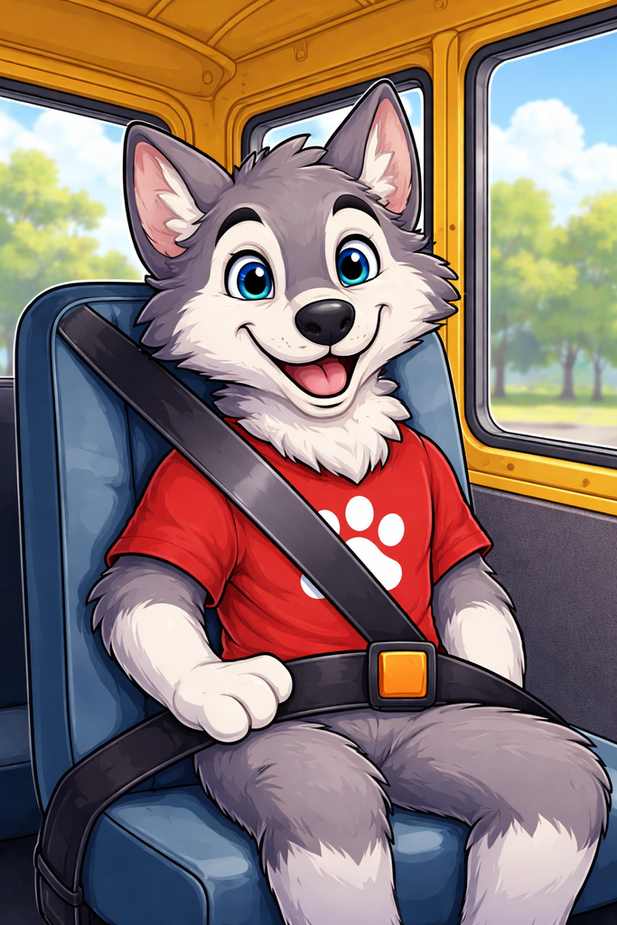 Picture of a wolf seatbelted in on a bus
