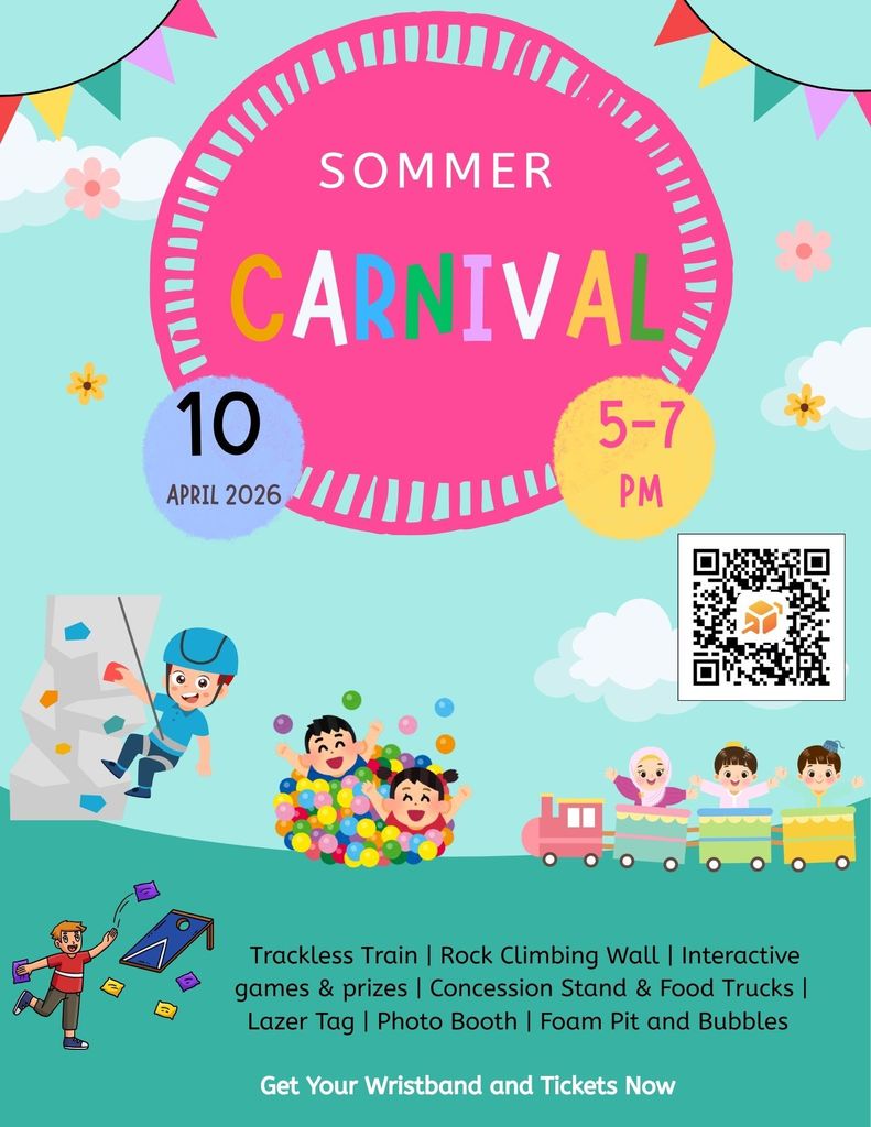 Sommer Carnival April 10th from 5 to 7 pm.  Trackless train, rock climbing wall, interactive games, and prizes, concession stand and food trucks. Get your wristband and tickets now!  