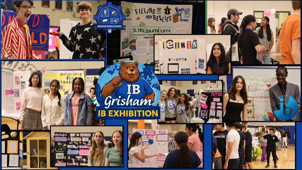Colloage of images including: Image of IB Grisham Bear, photos of students presenting, photos of people visiting campus to see presentations, photos of presentation boards, 
