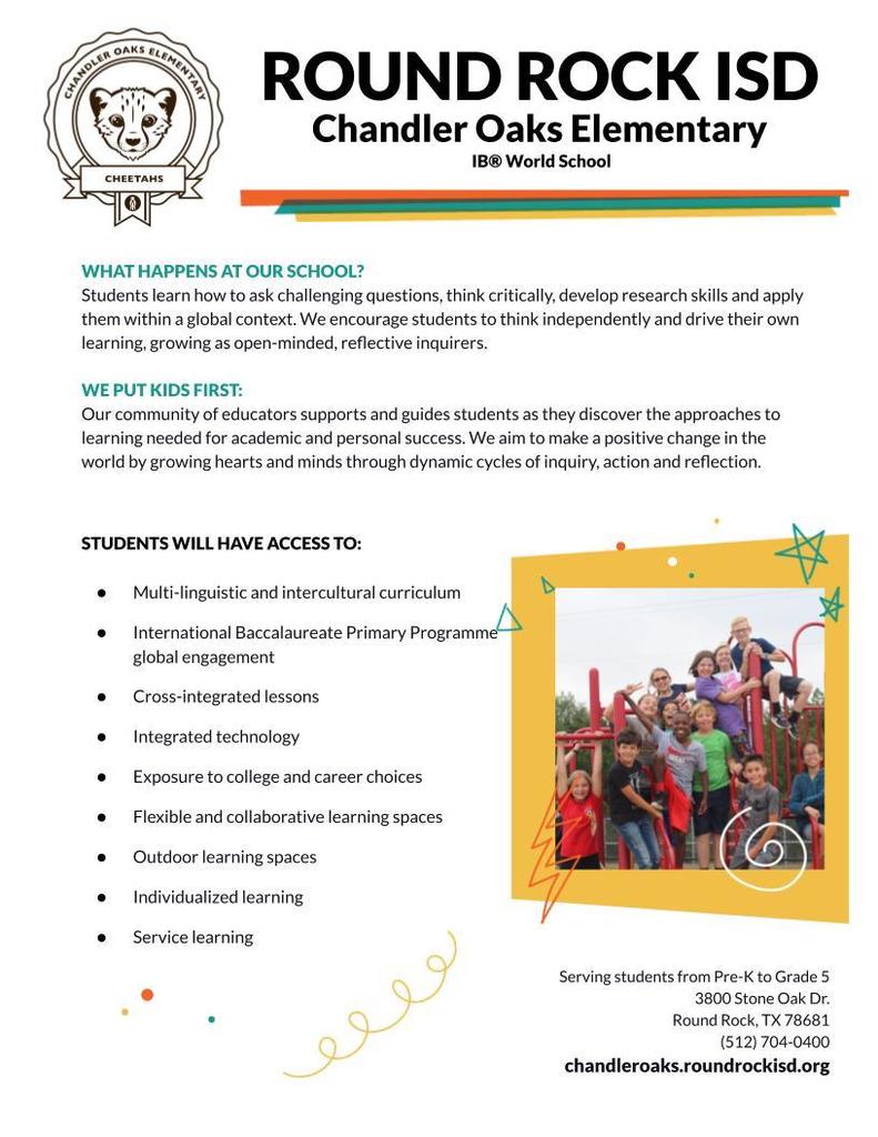 Flyer with Chandler Oaks Cheetah Logo and photo of students standing on playscape: See post of text 