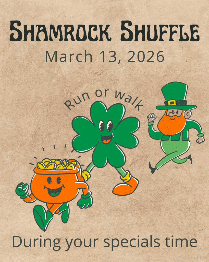 A vintage-style illustration on a tan, textured background promoting the "Shamrock Shuffle" on March 13, 2026. At the top, stylized black text reads "SHAMROCK SHUFFLE." In the center, three cartoon characters with retro "rubber hose" style limbs are running: a pot of gold, a four-leaf clover, and a leprechaun. Curved text above them says "Run or walk." At the bottom, it reads "During your specials time" in a simple grey font.