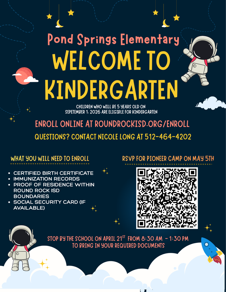 Pond Springs Pioneer Camp for Incoming Kindergarteners is on May 5th. Please RSVP by Clicking this Link: https://forms.gle/KRjmL9dqFyzzvgxm8