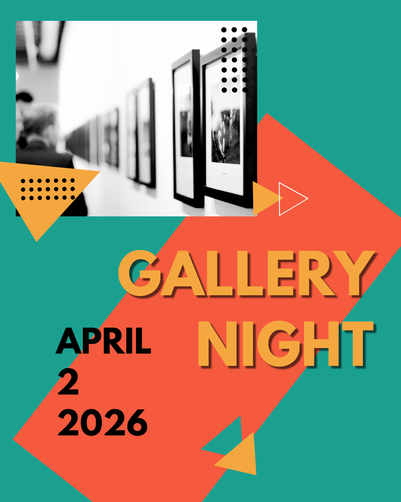 A modern, geometric graphic announcing Gallery Night at Fern Bluff Elementary. The background is a vibrant teal with a large, diagonal orange rectangle in the center. At the top, there is a black-and-white photograph of an art gallery featuring framed pictures hanging on a white wall. The text "GALLERY NIGHT" is written in large, bold orange and black letters, and "APRIL 2 2026" is displayed in bold black font on the left. The design is decorated with yellow triangles containing black polka dots and a white outlined triangle.