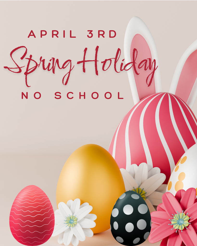 A festive graphic announcing a school break at Fern Bluff Elementary. The image features a collection of 3D-rendered, colorful Easter eggs in the foreground, including a large yellow egg, a pink egg with white wavy lines, and a black egg with white polka dots. Two pink and white flowers are tucked among the eggs, and a large pink-striped egg in the back has a pair of tall white and pink bunny ears sticking out from behind it. The text at the top is in a deep red color and reads: "APRIL 3RD," followed by "Spring Holiday" in an elegant script font, and "NO SCHOOL" in bold capital letters below.