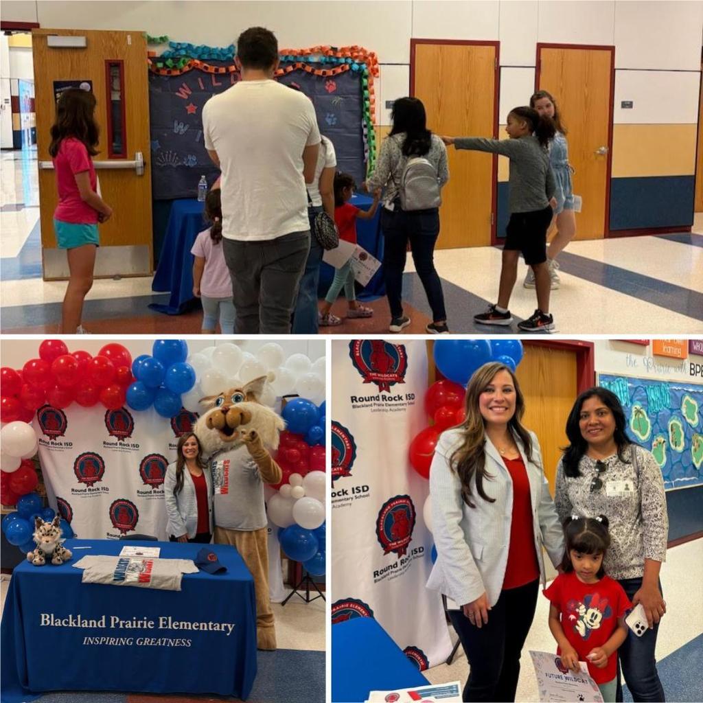 A compilation of three photos from a school event at Blackland Prairie Elementary. The top photo shows families queuing at a blue-draped sign-in table in a hallway, near a bulletin board decorated with balloons and a welcome sign. The bottom left photo features an administrator smiling alongside the school mascot, a large tan and white wildcat wearing a school t-shirt. They are standing in front of a photo backdrop with repeating school logos and red, white, and blue balloons. In front of them is a table with a school shirt, hat, and plush wildcat. The bottom right photo shows the same administrator smiling with a mother and her young daughter. The child holds a "Future Wildcat" certificate in front of a similar balloon backdrop.