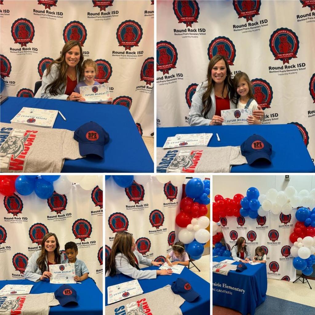 A collage of five photos from a Future Wildcat signing event at Blackland Prairie Elementary. A school official sits at a blue draped table with various young children. The children hold certificates that say Future Wildcat. The background features a repeating Blackland Prairie Elementary School Leadership Academy logo with a red wildcat mascot. Red, white, and blue balloons decorate the area. A school hat and t-shirt are displayed on the table.