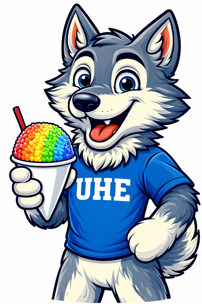 Wolf Mascot with a rainbow snowcone