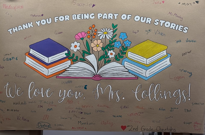 Photograph of a sign that has books and flowers that says "Thank you for being part of our stories We love you Mrs. Colings!"