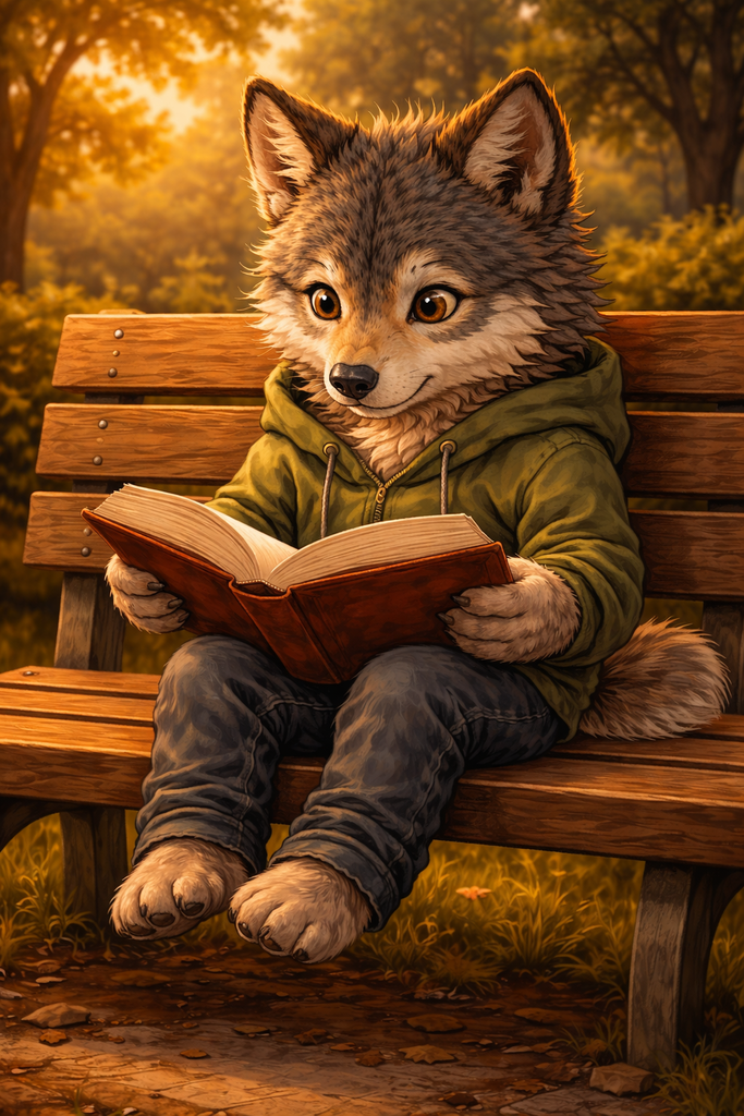 Lobo sitting on a bench reading a book.