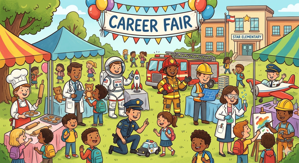 A vibrant cartoon illustration showing a diverse outdoor school career fair on a sunny day. Below a colorful banner that reads "CAREER FAIR" and pennants, there are stalls showcasing different professions. On the left, a chef shows a kid some cookies and rolling pins, and a doctor holding a clipboard smiles at a child with a teddy bear. At the center, an astronaut near a rocket model, a policeman crouching down to a child near a police car toy, a firefighter with a fire truck, and an architect with a hardhat. On the right, a scientist with beakers, a pilot with a small red airplane, and an artist painting a painting. Many children with school bags interact with the professionals in an atmosphere of excitement and discovery. In the background is a school building.
