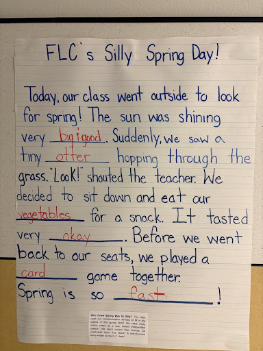 A large anchor chart titled FLC's Silly Spring Day features a handwritten story with blank spaces filled in with red text. A small caption at the bottom explains that students used communication devices to choose the words, such as a tiny otter hopping through the grass.
